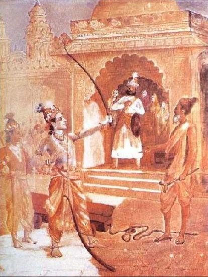 Sri Rama breaking the bow, Raja Ravi Varma
